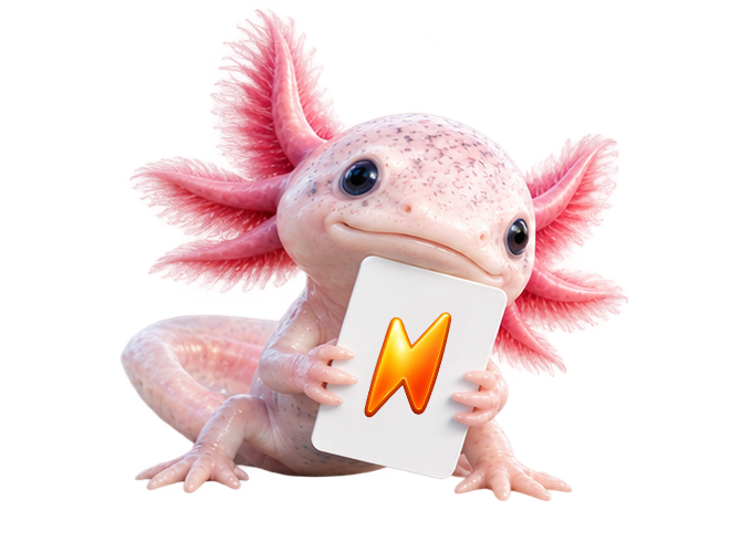 Ružičasti Axolotl drži karticu s narančastom munjom